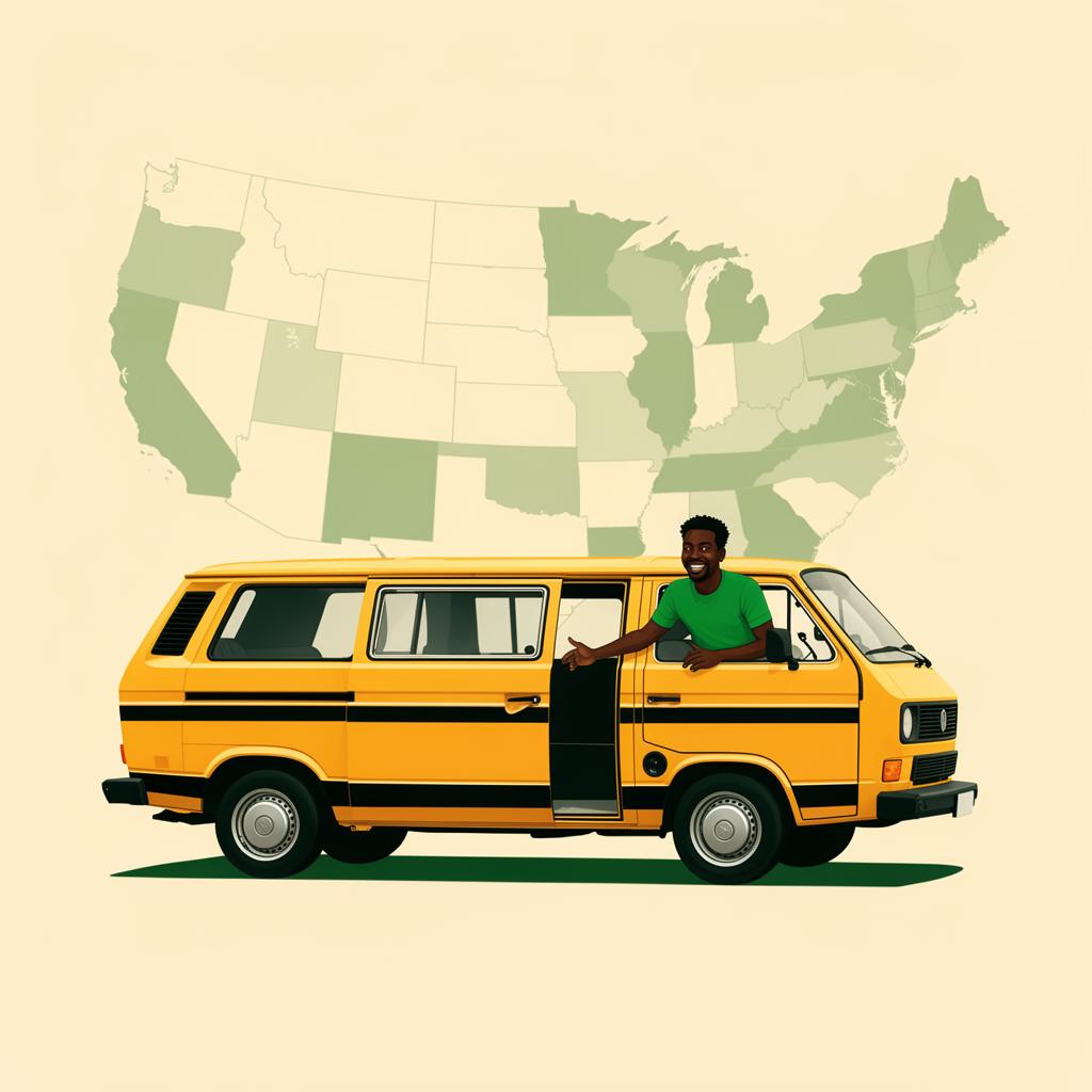 Yellow Lagos Danfo bus traveling across a map of the United States